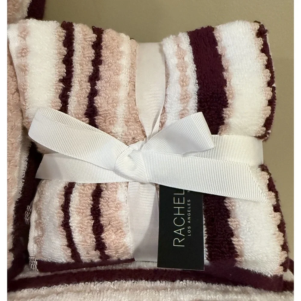 8 PC Rachel Zoe Pink Mauve White Striped Towel Set Bath Tip Washcloth NEW